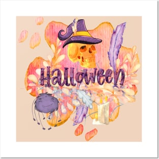 BEAUTIFUL WORDSMITH HALLOWEEN WITH SKULL AND SPIDER WITH FEATHERS AND FLOWERS Posters and Art